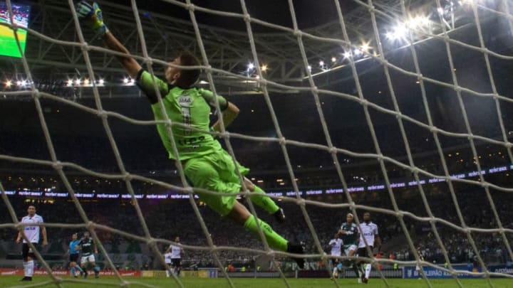 SAO PAULO, BRAZIL - NOVEMBER 21: Goalkeeper Joao Ricardo of America MG attempts to save a goal of Dudu of Palmeiras (not in frame) during a match between Palmeiras and America MG at Allianz Parque on November 21, 2018 in Sao Paulo, Brazil. (Photo by Miguel Schincariol/Getty Images)