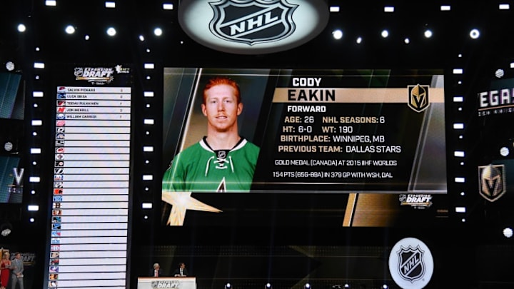 LAS VEGAS, NV - JUNE 21: Cody Eakin is selected by the Las Vegas Golden Knights during the 2017 NHL Awards and Expansion Draft at T-Mobile Arena on June 21, 2017 in Las Vegas, Nevada. (Photo by Ethan Miller/Getty Images)