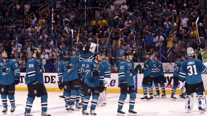 Jun 12, 2016; San Jose, CA, USA; San Jose Sharks players salute their fans after losing to the Pittsburgh Penguins in game six of the 2016 Stanley Cup Final at SAP Center at San Jose. Mandatory Credit: Gary A. Vasquez-USA TODAY Sports
