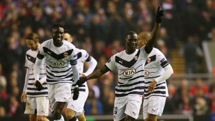 LIVERPOOL, ENGLAND - NOVEMBER 26: Henri Saivet of Bordeaux (10) celebrates with team mates as he scores their first goal during the UEFA Europa League Group B match between Liverpool FC and FC Girondins de Bordeaux at Anfield on November 26, 2015 in Liverpool, United Kingdom. (Photo by Alex Livesey/Getty Images)