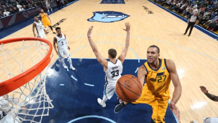 MEMPHIS, TN – MARCH 9: Rudy Gobert #27 of the Utah Jazz goes to the basket against the Memphis Grizzlies on March 9, 2018 at FedExForum in Memphis, Tennessee.