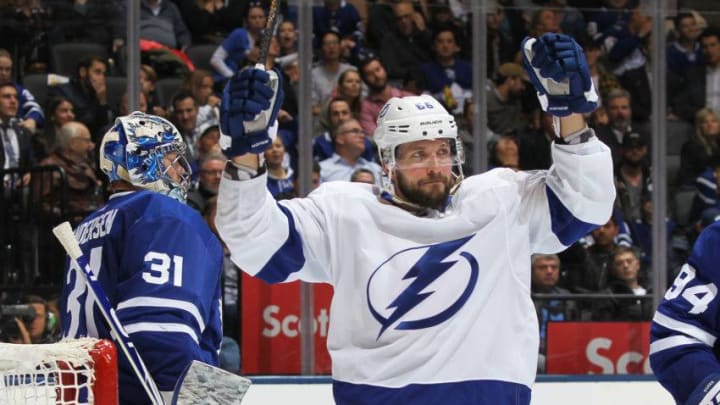 Nikita Kucherov #86 of the Tampa Bay Lightning celebrates a goal against the Toronto Maple Leafs during an NHL game at Scotiabank Arena. (Photo by Claus Andersen/Getty Images)