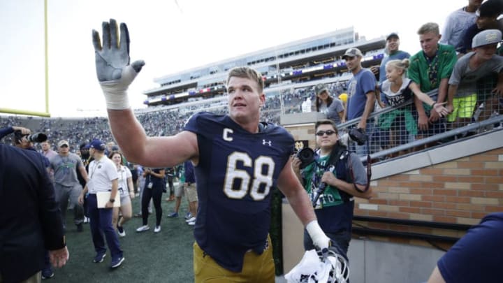 SOUTH BEND, IN – SEPTEMBER 02: Mike McGlinchey #68 of the Notre Dame Fighting Irish looks on after a game against the Temple Owls at Notre Dame Stadium on September 2, 2017 in South Bend, Indiana. The Irish won 49-16. (Photo by Joe Robbins/Getty Images)