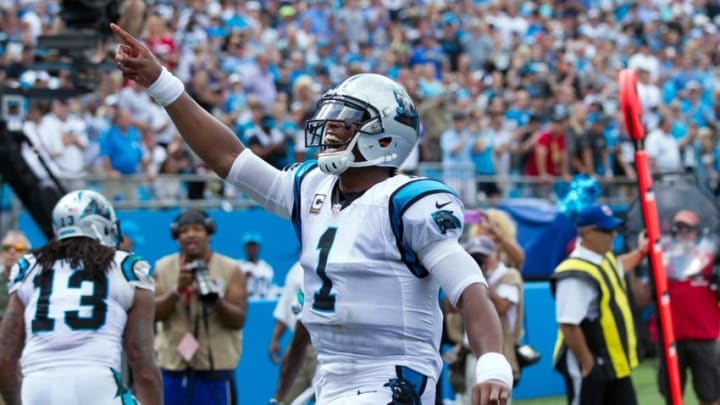Sep 18, 2016; Charlotte, NC, USA; Carolina Panthers quarterback Cam Newton (1) celebrates after a touchdown in the third quarter against the San Francisco 49ers at Bank of America Stadium. Mandatory Credit: Jeremy Brevard-USA TODAY Sports