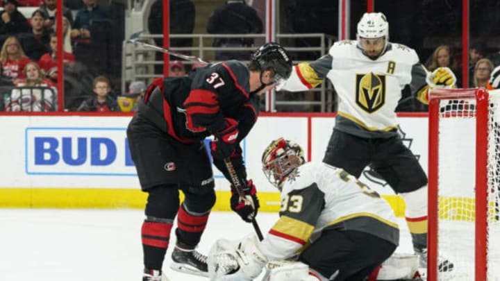 RALEIGH, NC – FEBRUARY 01: Vegas Golden Knights Goalie Maxime Lagace (33) makes a save on a shot by Carolina Hurricanes Left Wing Andrei Svechnikov (37) during a game between the Las Vegas Golden Knights and the Carolina Hurricanes on February 1, 2019, at the PNC Arena in Raleigh, NC. (Photo by Greg Thompson/Icon Sportswire via Getty Images)