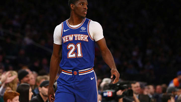NEW YORK, NEW YORK - NOVEMBER 14: Damyean Dotson #21 of the New York Knicks in action against the Dallas Mavericks at Madison Square Garden on November 14, 2019 in New York City. New York Knicks defeated the Dallas Mavericks 106-103. NOTE TO USER: User expressly acknowledges and agrees that, by downloading and or using this photograph, User is consenting to the terms and conditions of the Getty Images License Agreement. Mandatory Copyright Notice: Copyright 2019 NBAE (Photo by Mike Stobe/Getty Images)