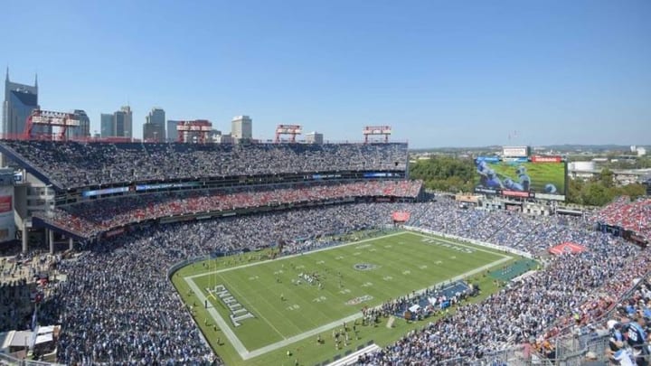 Sep 25, 2016; Nashville, TN, USA; General view of Nissan Stadium and downtown Nashville skyline during a NFL football game between the Oakland Raiders and the Tennessee Titans. Mandatory Credit: Kirby Lee-USA TODAY Sports
