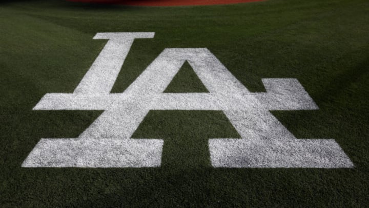 LOS ANGELES, CA - OCTOBER 10: A detail shot of the Los Angeles Dodgers logo on field before Game 3 of NLDS against the Washington Nationals at Dodger Stadium on Monday, October 10, 2016 in Los Angeles, California. (Photo by Rob Leiter/MLB Photos via Getty Images)