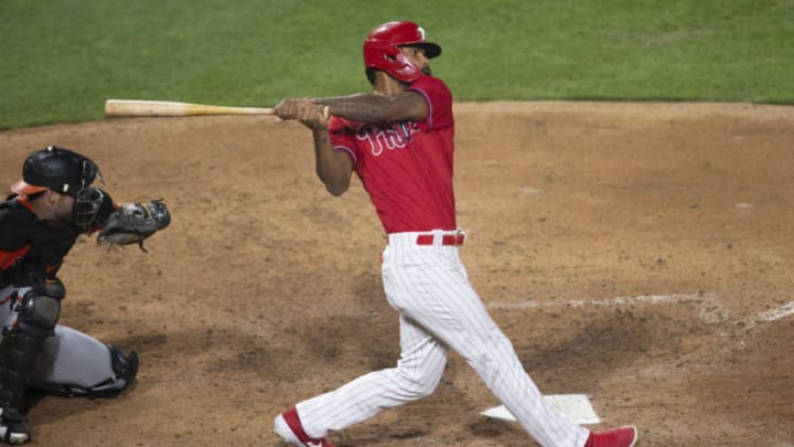PHILADELPHIA, PA - JULY 19: Nick Williams #5 of the Philadelphia Phillies bats against the Baltimore Orioles during the summer camp exhibition game at Citizens Bank Park on July 19, 2020 in Philadelphia, Pennsylvania. (Photo by Mitchell Leff/Getty Images)