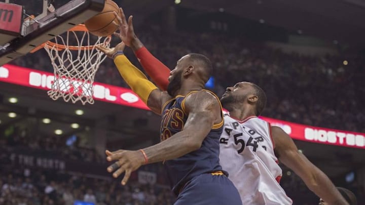 Oct 28, 2016; Toronto, Ontario, CAN; Cleveland Cavaliers forward LeBron James (23) shoots the ball as Toronto Raptors forward Patrick Patterson (54) defends during the second quarter in a game at Air Canada Centre. Mandatory Credit: Nick Turchiaro-USA TODAY Sports