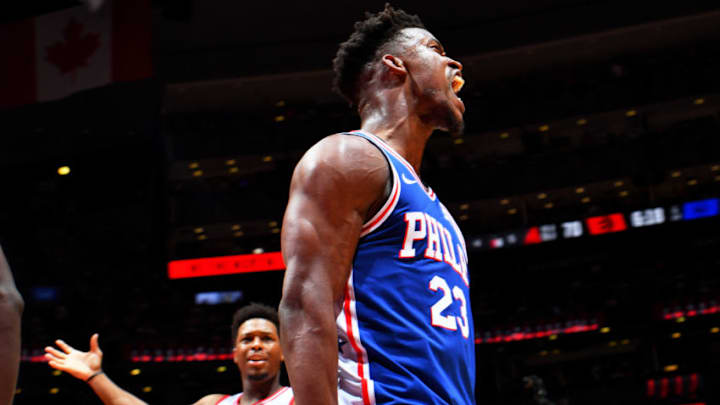 TORONTO, CANADA - APRIL 29: Jimmy Butler #23 of the Philadelphia 76ers reacts during a game against the Toronto Raptors during Game Two of the Eastern Conference Semifinals of the 2019 NBA Playoffs on April 29, 2019 at the Scotiabank Arena in Toronto, Ontario, Canada. NOTE TO USER: User expressly acknowledges and agrees that, by downloading and or using this Photograph, user is consenting to the terms and conditions of the Getty Images License Agreement. Mandatory Copyright Notice: Copyright 2019 NBAE (Photo by Jesse D. Garrabrant/NBAE via Getty Images)