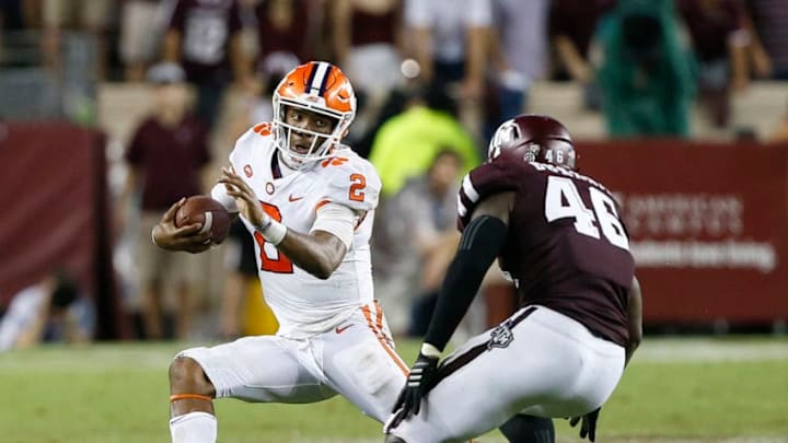COLLEGE STATION, TX - SEPTEMBER 08: Kelly Bryant #2 of the Clemson Tigers avoids the tackle attempt by Landis Durham #46 of the Texas A&M Aggies in the fourth quarter at Kyle Field on September 8, 2018 in College Station, Texas. (Photo by Bob Levey/Getty Images)
