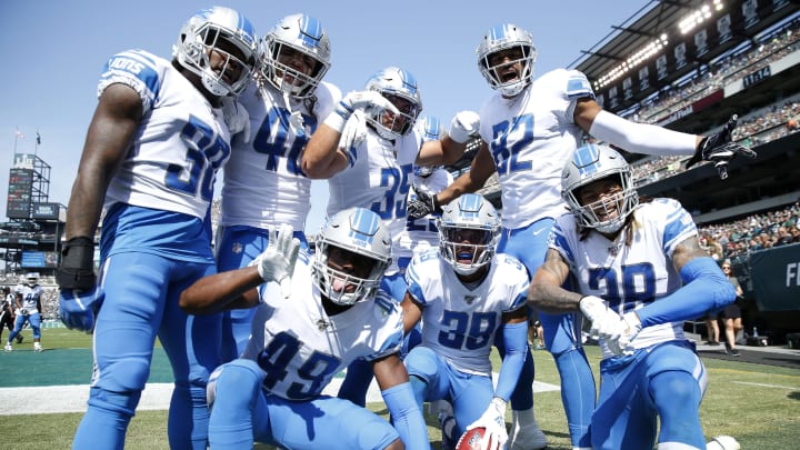 PHILADELPHIA, PENNSYLVANIA – SEPTEMBER 22: Jamal Agnew #39 of the Detroit Lions celebrates his 100 yard kick off return for a touchdown with teammates Dee Virgin #30,Nick Bawden #46,C.J. Moore #49,Miles Killebrew #35,Logan Thomas #82 and Mike Ford #38 in the first quarter against the Philadelphia Eagles at Lincoln Financial Field on September 22, 2019 in Philadelphia, Pennsylvania. (Photo by Elsa/Getty Images)