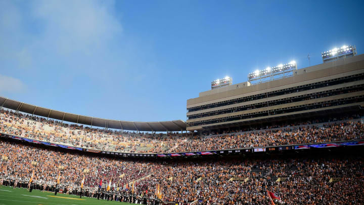 A military flyover passers over Neyland Stadium before an NCAA college football game between the Tennessee Volunteers and the South Carolina Gamecocks in Knoxville, Tenn. on Saturday, Oct. 9, 2021.Kns Tennessee South Carolina Football