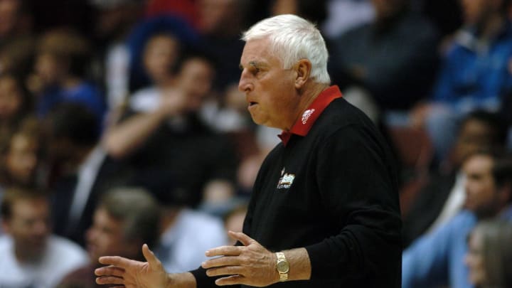 Nov 20, 2006; Kansas City MO, USA; Texas Tech Red Raiders coach Bob Knight talks to his players against the Marquette Golden Eagles in the first half in the College Basketball Experience Classic Tournament at Municipal Auditorium in Kansas City, MO. Mandatory Credit: John Rieger-USA TODAY Sports Copyright (c) 2006 John Rieger