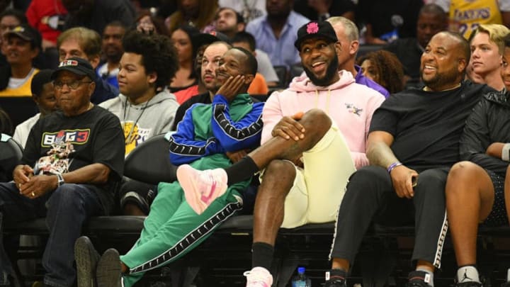 Former Miami Heat and current Los Angeles Lakers guard Lebron James looks on with agent Rich Paul during the BIG3 championship game (Photo by Brian Rothmuller/Icon Sportswire via Getty Images)