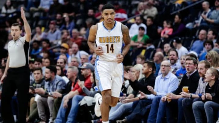 Feb 6, 2017; Denver, CO, USA; Denver Nuggets guard Gary Harris (14) in the fourth quarter against the Dallas Mavericks at the Pepsi Center. Mandatory Credit: Isaiah J. Downing-USA TODAY Sports