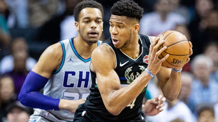 CHARLOTTE, NORTH CAROLINA - MARCH 01: Giannis Antetokounmpo #34 of the Milwaukee Bucks with the ball during the first quarter during their game against the Charlotte Hornets at Spectrum Center on March 01, 2020 in Charlotte, North Carolina. NOTE TO USER: User expressly acknowledges and agrees that, by downloading and/or using this photograph, user is consenting to the terms and conditions of the Getty Images License Agreement. (Photo by Jacob Kupferman/Getty Images)