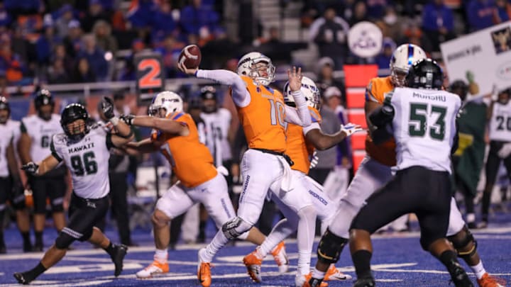 BOISE, ID - OCTOBER 12: Quarterback Chase Cord #10 of the Boise State Broncos passing during second half action against the Hawai'i Rainbow Warriors on October 12, 2019 at Albertsons Stadium in Boise, Idaho. Boise State won the game 59-37. (Photo by Loren Orr/Getty Images)