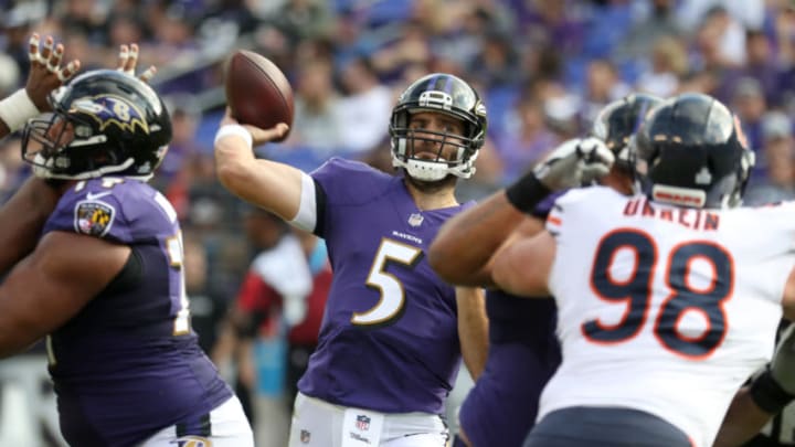 BALTIMORE, MD - OCTOBER 15: Quarterback Joe Flacco #5 of the Baltimore Ravens throws in the fourth quarter against the Chicago Bears at M&T Bank Stadium on October 15, 2017 in Baltimore, Maryland. (Photo by Rob Carr/Getty Images)