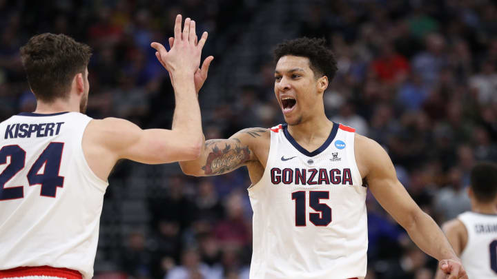 SALT LAKE CITY, UTAH – MARCH 23: Brandon Clarke #15 and Corey Kispert #24 of the Gonzaga Bulldogs react to a play against the Baylor Bears during their game in the Second Round of the NCAA Basketball Tournament at Vivint Smart Home Arena on March 23, 2019 in Salt Lake City, Utah. (Photo by Patrick Smith/Getty Images)