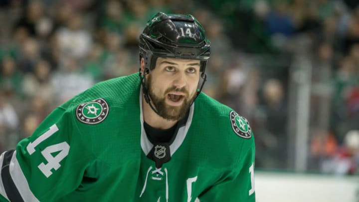 DALLAS, TX - DECEMBER 31: Dallas Stars left wing Jamie Benn (14) waits for the puck to drop during the game between the Dallas Stars and the Montreal Canadiens on December 31, 2018 at the American Airlines Center in Dallas, Texas. (Photo by Matthew Pearce/Icon Sportswire via Getty Images)