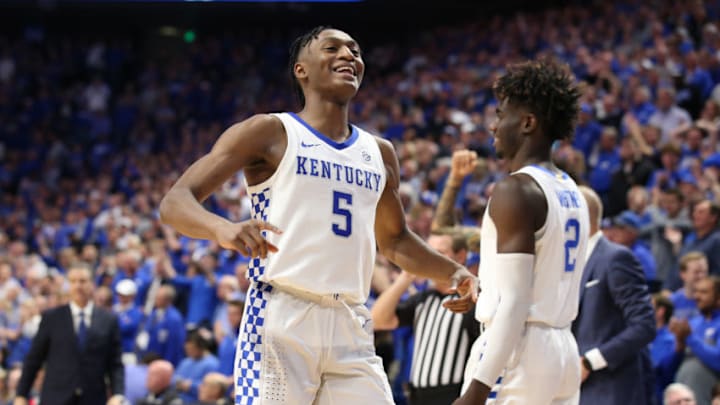 LEXINGTON, KENTUCKY - JANUARY 11: Immanuel Quickley #5 of the Kentucky Wildcats celebrates in the final seconds of the 76-67 win against the Alabama Crimson Tide at Rupp Arena on January 11, 2020 in Lexington, Kentucky. (Photo by Andy Lyons/Getty Images)