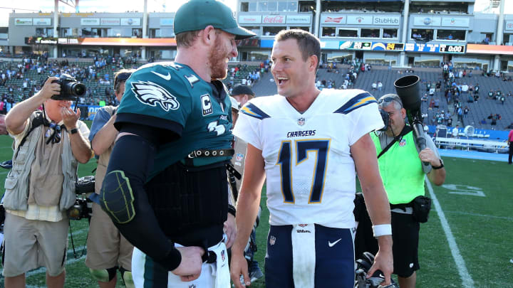 CARSON, CA – OCTOBER 01: Philip Rivers #17 of the Los Angeles Chargers and Carson Wentz #11 of the Philadelphia Eagles are seen after the NFL game at StubHub Center on October 1, 2017 in Carson, California. (Photo by Stephen Dunn/Getty Images)