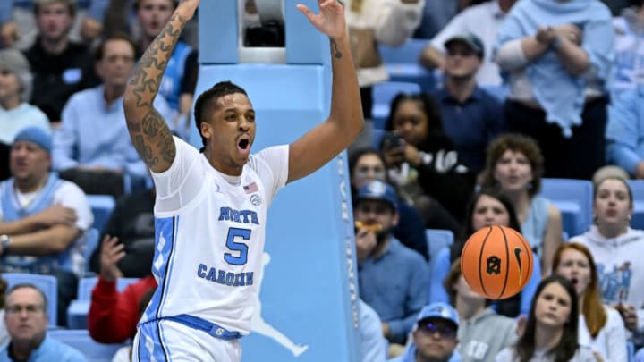 CHAPEL HILL, NORTH CAROLINA - FEBRUARY 13: Armando Bacot #5 of the North Carolina Tar Heels reacts after being called for a foul against the Miami Hurricanes during the second half of their game at the Dean E. Smith Center on February 13, 2023 in Chapel Hill, North Carolina. (Photo by Grant Halverson/Getty Images)