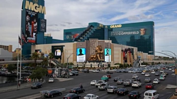 May 1, 2015; Las Vegas, NV, USA; Exterior view of the MGM Grand hotel and casino following weigh-ins for the upcoming boxing fight between Floyd Mayweather against Manny Pacquiao at the MGM Grand Garden Arena. Mandatory Credit: Mark J. Rebilas-USA TODAY Sports