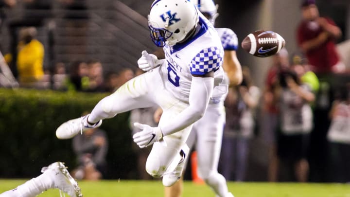 Sep 25, 2021; Columbia, South Carolina, USA; Kentucky Wildcats wide receiver Josh Ali (6) fumbles the ball against the South Carolina Gamecocks in the fourth quarter at Williams-Brice Stadium. Mandatory Credit: Jeff Blake-USA TODAY Sports