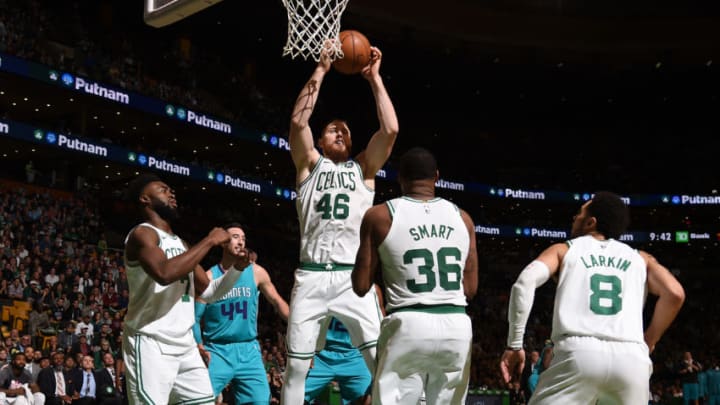 BOSTON, MA - NOVEMBER 10: Aron Baynes #46 of the Boston Celtics grabs the rebound against the Charlotte Hornets on November 10, 2017 at the TD Garden in Boston, Massachusetts. NOTE TO USER: User expressly acknowledges and agrees that, by downloading and or using this photograph, User is consenting to the terms and conditions of the Getty Images License Agreement. Mandatory Copyright Notice: Copyright 2017 NBAE (Photo by Brian Babineau/NBAE via Getty Images)