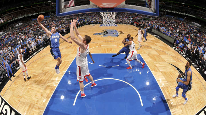 ORLANDO, FL – MARCH 20: Mario Hezonja #8 of the Orlando Magic shoots the ball against the Toronto Raptors on March 20, 2018 at Amway Center in Orlando, Florida. NOTE TO USER: User expressly acknowledges and agrees that, by downloading and or using this photograph, User is consenting to the terms and conditions of the Getty Images License Agreement. Mandatory Copyright Notice: Copyright 2018 NBAE (Photo by Fernando Medina/NBAE via Getty Images)
