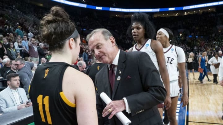PORTLAND, OR - MARCH 29: Mississippi State Bulldogs head coach Vic Schaefer congratulates Arizona State Sun Devils guard Robbi Ryan (11)after the NCAA Division I Women's Championship third round basketball game between Arizona State Sun Devils and the Mississippi State Bulldogs on March 29, 2019 at Moda Center in Portland, Oregon.(Photo by Joseph Weiser/Icon Sportswire via Getty Images)