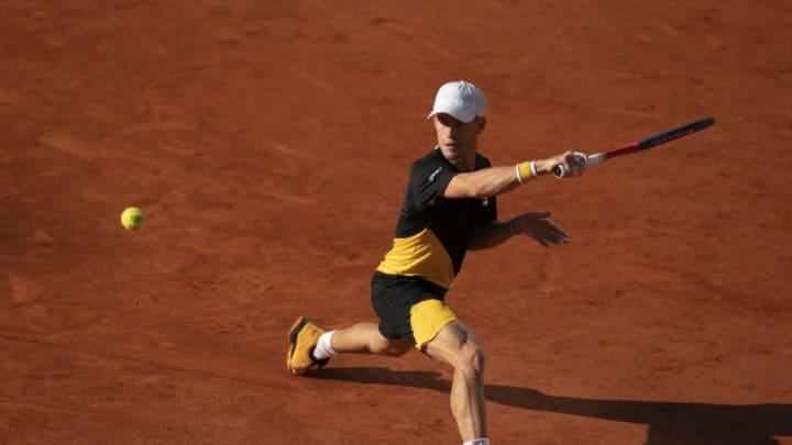 Oct 9, 2020; Paris, France; Diego Schwartzman (ARG) in action during his match against Rafael Nadal (ESP) on day 13 at Stade Roland Garros. Mandatory Credit: Susan Mullane-USA TODAY Sports