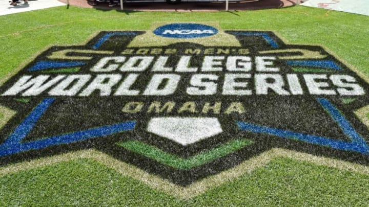 Jun 17, 2022; Omaha, NE, USA; General signage before the start of the Men's College World Series at Charles Schwab Field. Mandatory Credit: Steven Branscombe-USA TODAY Sports