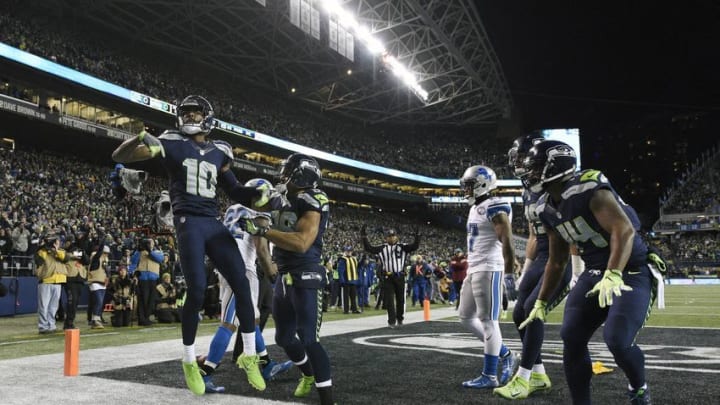 January 7, 2017; Seattle, WA, USA; Seattle Seahawks wide receiver Paul Richardson (10) celebrates his touchdown scored against the Detroit Lions during the first half in the NFC Wild Card playoff football game at CenturyLink Field. Mandatory Credit: Troy Wayrynen-USA TODAY Sports