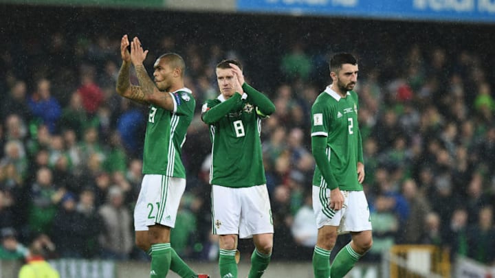 BELFAST, NORTHERN IRELAND - NOVEMBER 09: Steve Davis of Northern Ireland during the FIFA 2018 World Cup Qualifier Play-Off first leg between Northern Ireland and Switzerland at Windsor Park on November 9, 2017 in Belfast, Northern Ireland. (Photo by Charles McQuillan/Getty Images)