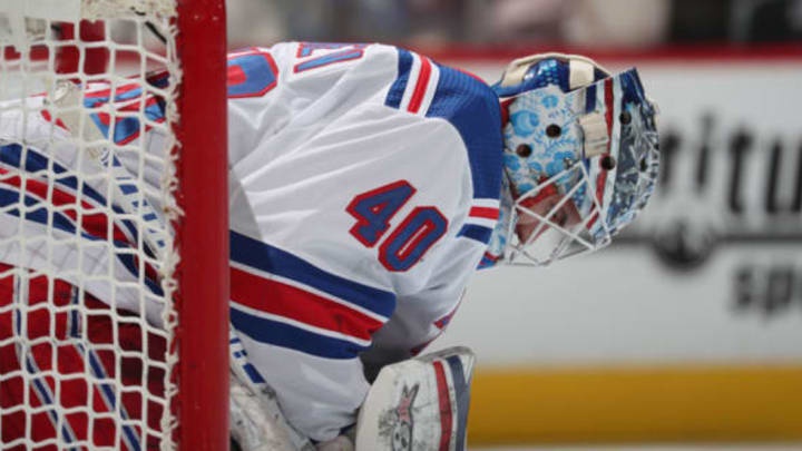 DENVER, CO – JANUARY 4: Goaltender Alexandar Georgiev #40 of the New York Rangers stands in goal against the Colorado Avalanche at the Pepsi Center on January 4, 2019 in Denver, Colorado. The Avalanche defeated the Rangers 6-1. (Photo by Michael Martin/NHLI via Getty Images)
