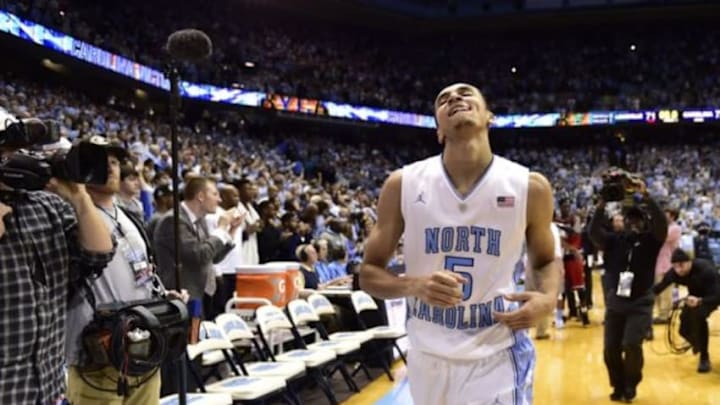 Jan 10, 2015; Chapel Hill, NC, USA; North Carolina Tar Heels guard Marcus Paige (5) leaves the court after the game. The Tar Heels defeated the Cardinals 72-71 at Dean E. Smith Center. Mandatory Credit: Bob Donnan-USA TODAY Sports