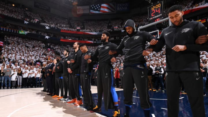 SALT LAKE CITY, UT - APRIL 23: The Oklahoma City Thunder honor the National Anthem before the game against the Utah Jazz in Game Four of Round One of the 2018 NBA Playoffs on April 23, 2018 at vivint.SmartHome Arena in Salt Lake City, Utah. NOTE TO USER: User expressly acknowledges and agrees that, by downloading and/or using this Photograph, user is consenting to the terms and conditions of the Getty Images License Agreement. Mandatory Copyright Notice: Copyright 2018 NBAE (Photo by Garrett Ellwood/NBAE via Getty Images)