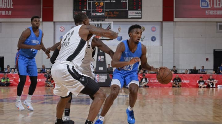 LAS VEGAS, NV - JULY 7: Terrance Ferguson #23 of the Oklahoma City Thunder handles the ball against the Brooklyn Nets during the 2018 Las Vegas Summer League on July 7, 2018 at the Cox Pavilion in Las Vegas, Nevada. NOTE TO USER: User expressly acknowledges and agrees that, by downloading and/or using this Photograph, user is consenting to the terms and conditions of the Getty Images License Agreement. Mandatory Copyright Notice: Copyright 2018 NBAE (Photo by David Dow/NBAE via Getty Images)