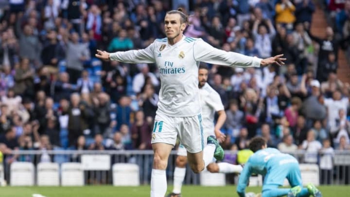 Real Madrid Gareth Bale celebrating a goal during La Liga match between Real Madrid and Celta de Vigo at Santiago Bernabeu Stadium in Madrid, Spain. May 12, 2018. (Photo by COOLMedia/NurPhoto via Getty Images)