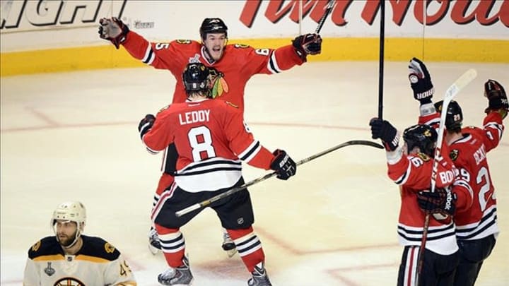 Jun 12, 2013; Chicago, IL, USA; Chicago Blackhawks center Andrew Shaw (65) celebrates with teammates after scoring the game-winning goal against the Boston Bruins during the third overtime period in game one of the 2013 Stanley Cup Final at the United Center. Mandatory Credit: Scott Stewart-USA TODAY Sports