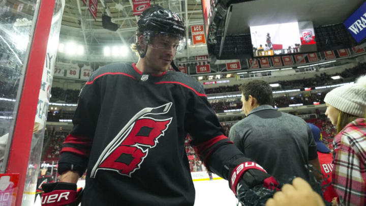 Jan 29, 2023; Raleigh, North Carolina, USA; Carolina Hurricanes right wing Andrei Svechnikov (37) comes off the ice after warmups past the fans against the Boston Bruins at PNC Arena. Mandatory Credit: James Guillory-USA TODAY Sports