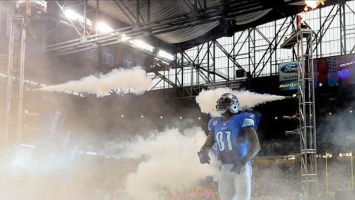 Oct 20, 2013; Detroit, MI, USA; Detroit Lions wide receiver Calvin Johnson (81) during player introductions prior to the game against the Cincinnati Bengals at Ford Field. Mandatory Credit: Andrew Weber-USA TODAY Sports