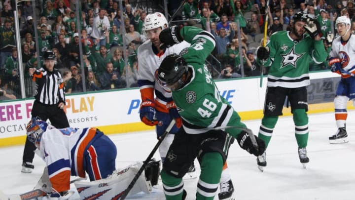 DALLAS, TX - NOVEMBER 10: Gemel Smith #46 of the Dallas Stars celebrates a goal against the New York Islanders at the American Airlines Center on November 10, 2017 in Dallas, Texas. (Photo by Glenn James/NHLI via Getty Images)