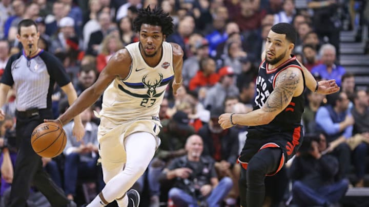 TORONTO, ON - FEBRUARY 23: Sterling Brown #23 of the Milwaukee Bucks plays against Fred VanVleet #23 of the Toronto Raptors in an NBA game at the Air Canada Centre on February 23, 2018 in Toronto, Ontario, Canada. NOTE TO USER: user expressly acknowledges and agrees by downloading and/or using this Photograph, user is consenting to the terms and conditions of the Getty Images Licence Agreement. (Photo by Claus Andersen/Getty Images)