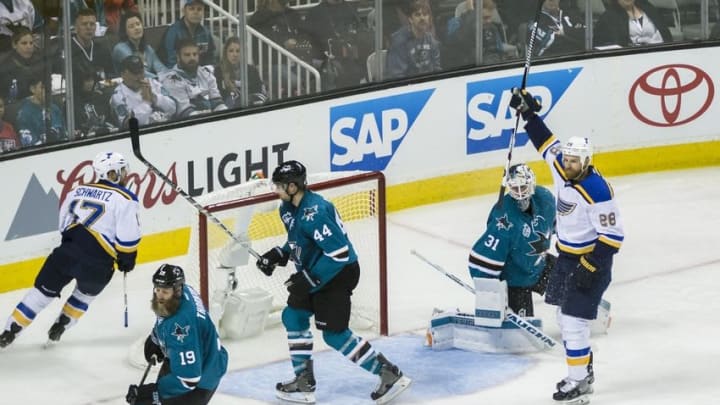 May 21, 2016; San Jose, CA, USA; St. Louis Blues center Kyle Brodziak (28) celebrates scoring against the San Jose Sharks in the second period of game four of the Western Conference Final of the 2016 Stanley Cup Playoffs at SAP Center at San Jose. Mandatory Credit: John Hefti-USA TODAY Sports
