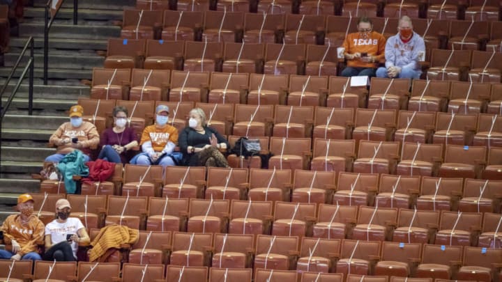 Dec 2, 2020; Austin, Texas, USA; Texas Longhorns fans look on as the Longhorns play against Louisiana Tech Lady Techsters in the first half at the Frank Erwin Center. Mandatory Credit: Ricardo B. Brazziell/American-Statesman via USA TODAY NETWORK